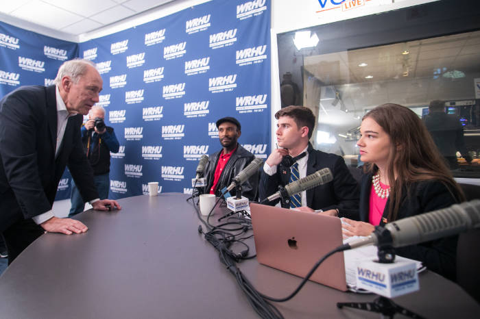  Bruce Avery working with students at the Lawrence Herbert School of Communications live, multi-platform election night broadcast, Hofstra Votes Live, in 2018. (Courtesy photo)