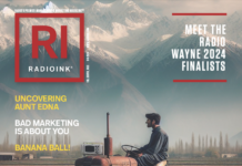 Cover of Radio Ink magazine, September 2024 edition, featuring a man sitting on an old tractor in a field with a mountain backdrop, emphasizing articles on the Radio Wayne finalists, marketing strategies, and industry insights.