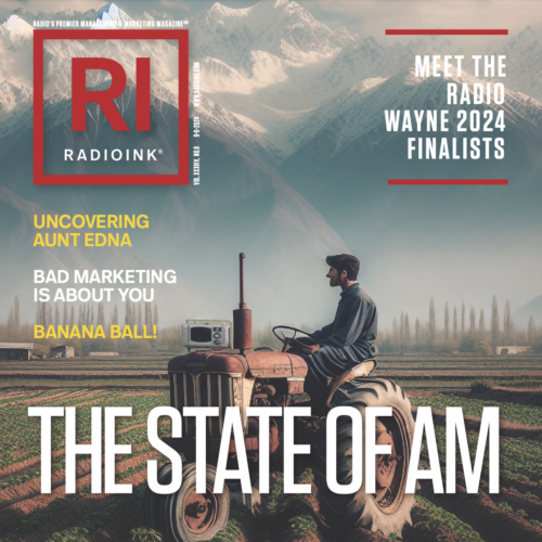 Cover of Radio Ink magazine, September 2024 edition, featuring a man sitting on an old tractor in a field with a mountain backdrop, emphasizing articles on the Radio Wayne finalists, marketing strategies, and industry insights.