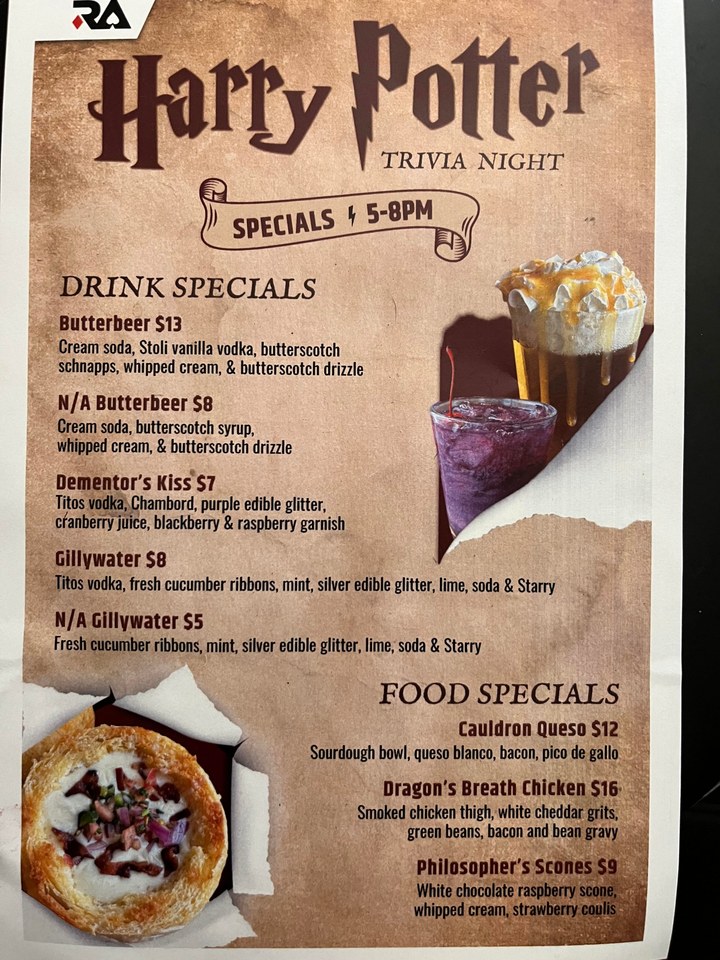 Harry Potter Trivia Night drink and food specials menu