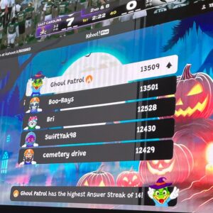 Halloween-themed Kahoot leaderboard on a bar's big screen during Scary Movies trivia night