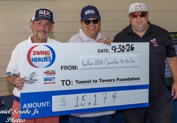 Swing Fore Heroes Newsradio WRVA and 910 The Fan staff present a $15,174 check to the Tunnel to Towers Foundation at the Swing Fore Heroes golf tournament